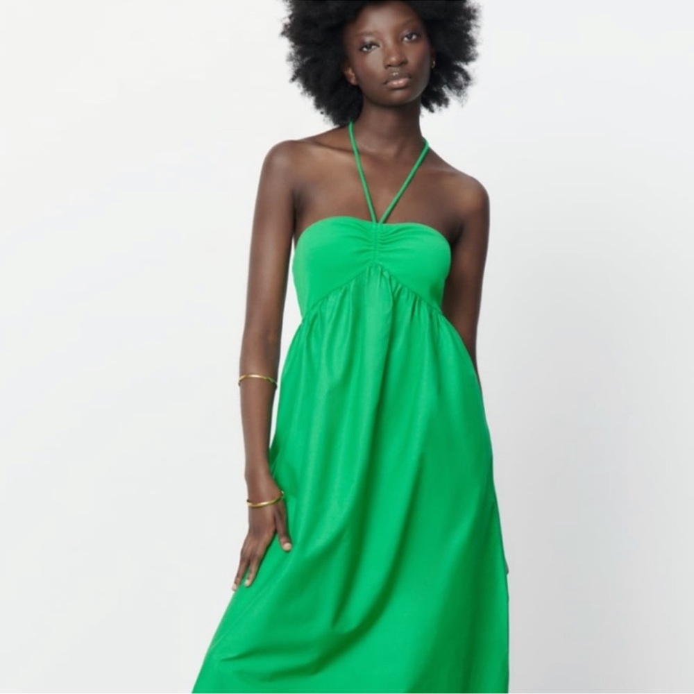 Zara Emerald Green Halter Midi Dress size Small Like New